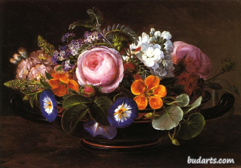 有着粉色牡丹和牵牛花的静物画