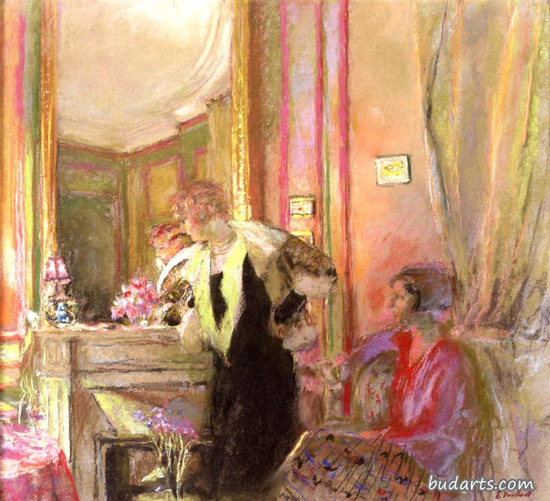 Gabrielle Jonas and Her Daughter Irene Montanet by the Fireplace