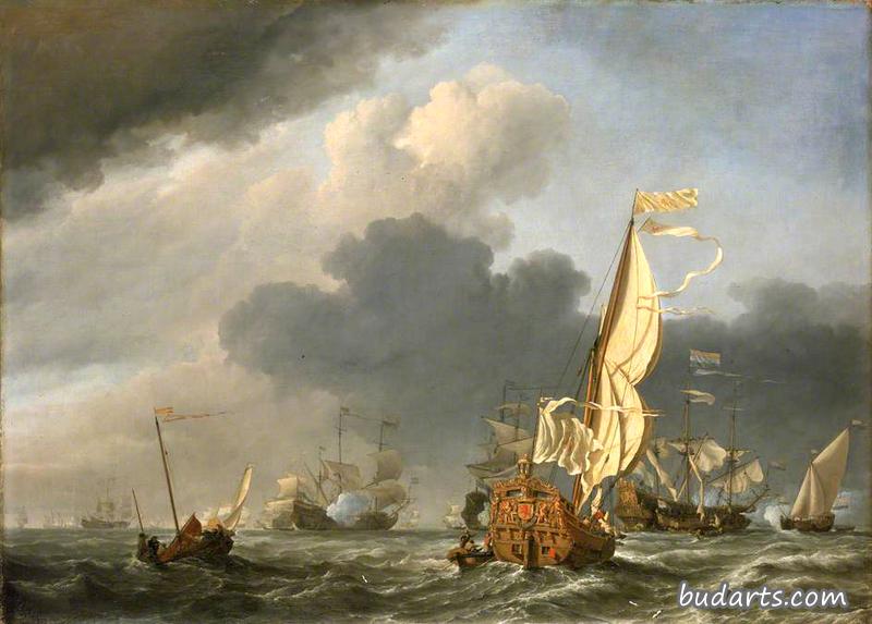 微风中的一艘国家游艇向一群荷兰船只驶去