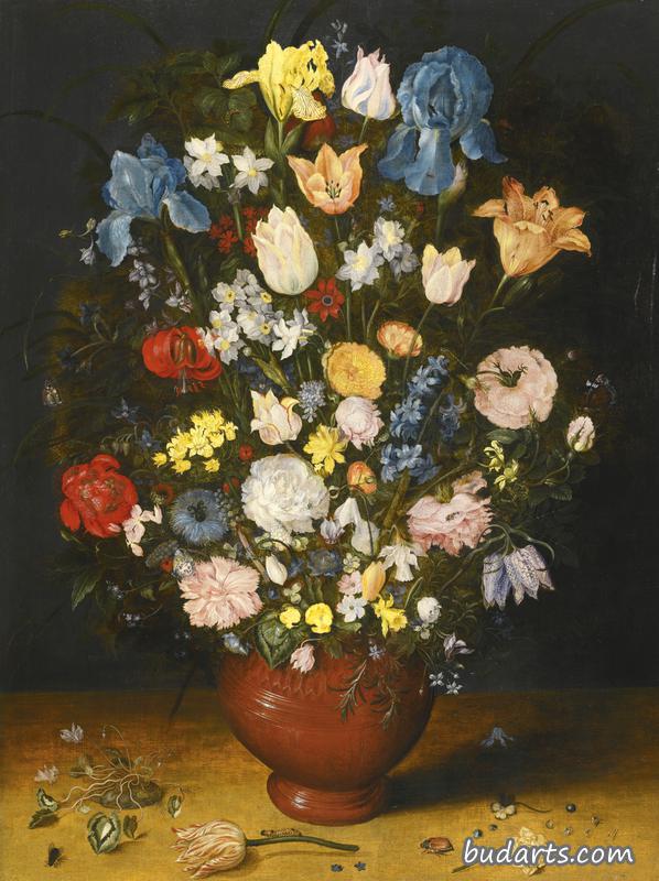 陶瓷花瓶里有鸢尾、郁金香、玫瑰、水仙花和贝母的静物画 陶瓷花瓶里有鸢尾、郁金香、玫瑰、水仙花和贝母的静物画