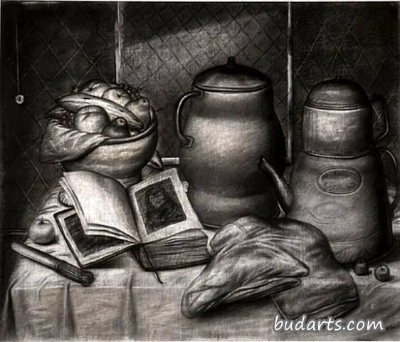 有咖啡壶和水果碗的静物画