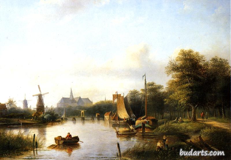 A View of the River Spaarne, Haarlem, with Moored Shipping and a Hay-Barge, the St. Bavo Church in the Background A View of the River Spaarne, Haarlem, with Moored Shipping and a Hay-Barge, the St. Bavo Church in the Background
