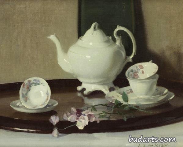 椭圆形托盘上的中国茶具静物画