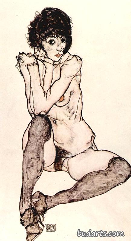 坐着的女性裸体，手肘支撑