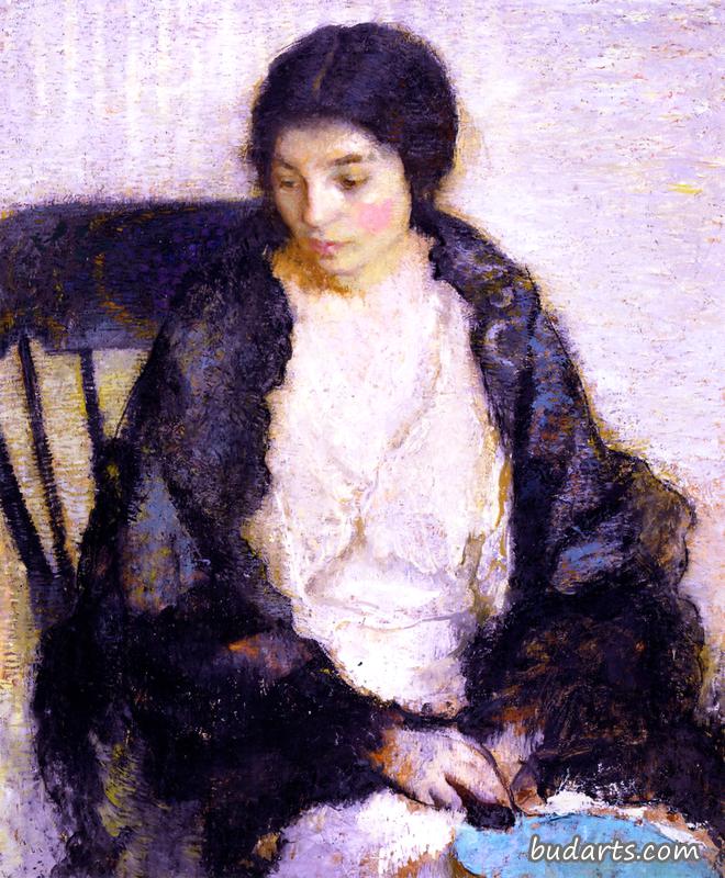 拿着蓝色扇子的女士