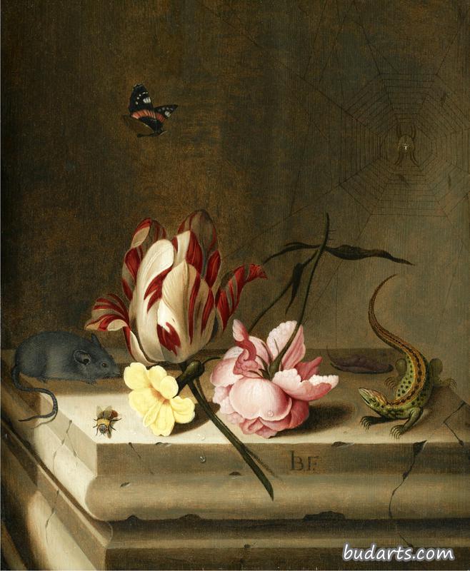 有鹦鹉、郁金香、粉红玫瑰、老鼠、蜥蜴和蜜蜂的静物画 有鹦鹉、郁金香、粉红玫瑰、老鼠、蜥蜴和蜜蜂的静物画
