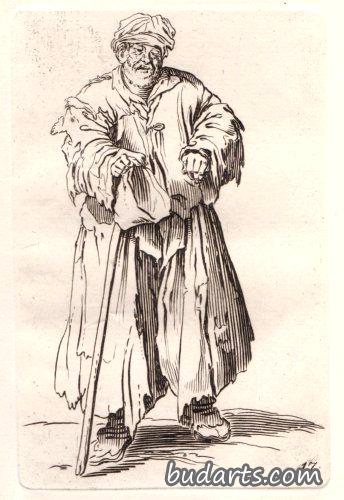 “戴着帽子拄着拐杖的乞丐”