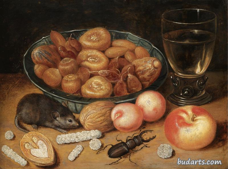 Still life with Chestnuts, Hazelnuts in a Porcelain Bowl with a Roemer, an Apple, an Apricot, a Beetle and a Mouse