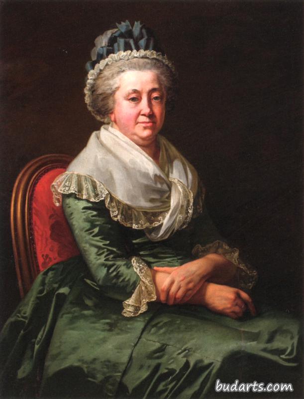 一位女士的肖像，半身，穿着绿色缎子长袍