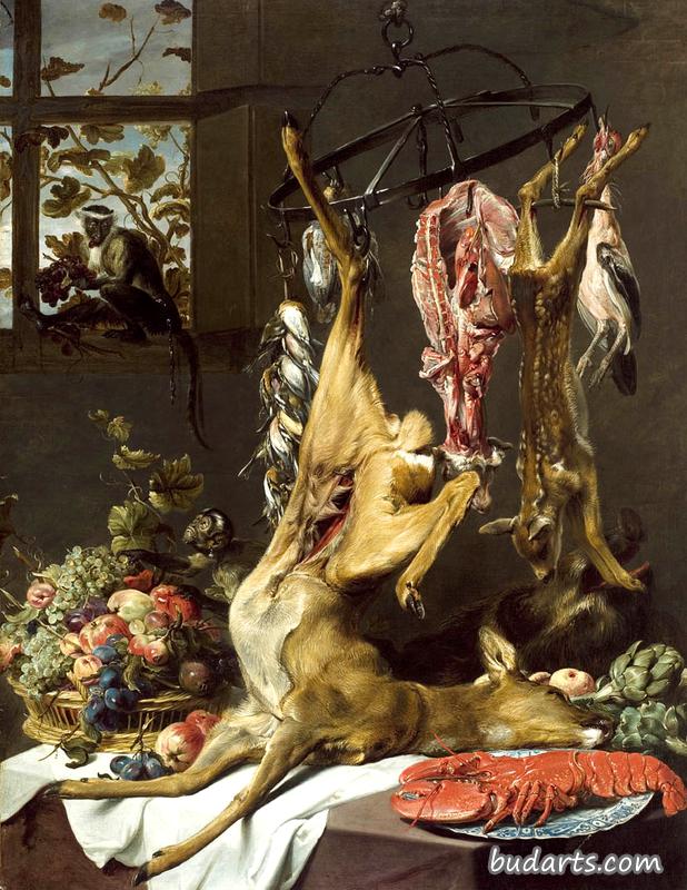 Still Life with Game Suspended on Hooks, a Lobster on a Porcelain Plate and a Basket of Grapes, Apples, Plums and Other Fruit on a Partly Draped Table with Two Monkeys Still Life with Game Suspended on Hooks, a Lobster on a Porcelain Plate and a Basket of Grapes, Apples, Plums and Other Fruit on a Partly Draped Table with Two Monkeys