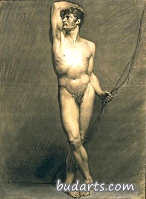 男性裸体站立，手臂抬高