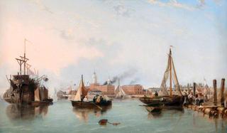 Entrance to Portsmouth Harbour with British Man of War