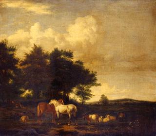 Horses, Sheep and Goats with a Sleeping Herdsman