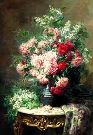 Chrysanthemums And Lilacs In A Vase On A Marble Topped Table