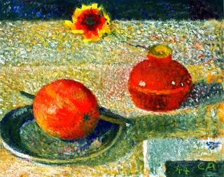 Still LIfe with Vase and Flower, Plate with Apple and Fruit Knife