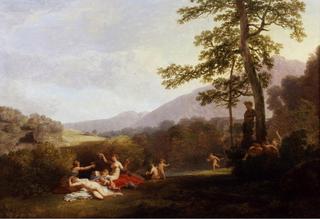 Nymphs and Fauns in a Landscape with a Statue