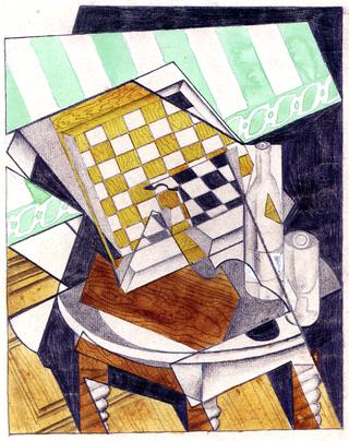 Checkerboard, Bottle and Glass on a Table