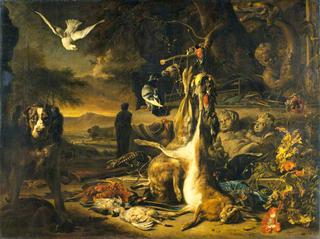 Hares and Pheasant at a Fountain with a Dog