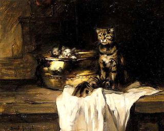 Mother and Kittens in a Pot