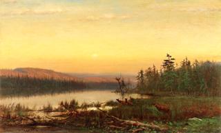 Twilight with Deer at Lake's Edge