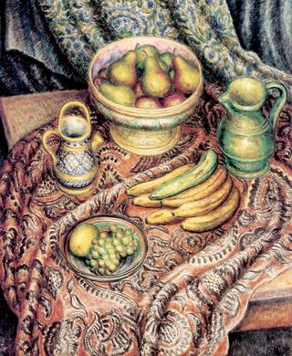 有梨、香蕉和葡萄的静物画