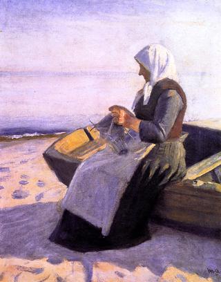 Fisherman's Wife Knitting on Skagen Beach
