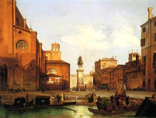 Venice: Preparations for a Festival at the Campo di SS Giovanni e Paolo, Looking North-East, with the Equestrian Monument to Bartolomeo Colleoni
