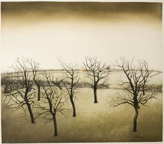 Blue sky - yellow landscape, trees without leaves, small house