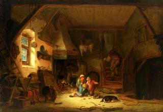 Farm Interior with Children Playing