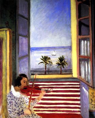 Young Woman Playing the violin in front of an Open Window