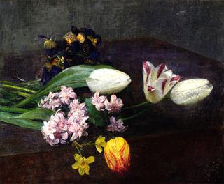 Hyacinth, Tulips and Pansies on a Table
