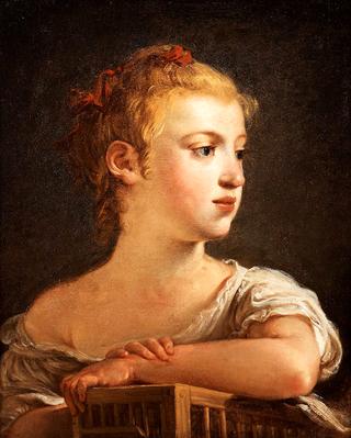 Portrait of a Young Girl Leaning on a Birdcage