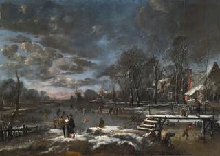 Skaters and Kolf Players on a Frozen River Bordering a Village