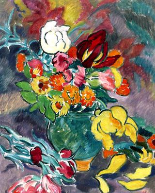 Bouquet in a Green Pitcher