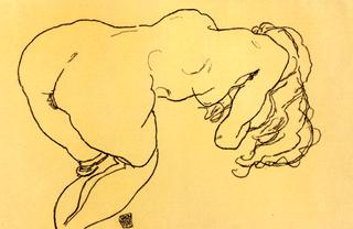 Langhaariger Akt, vornubergebeugt, Ruckenansicht