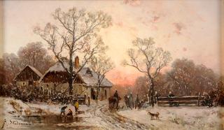 Winter landscape with farmstead and children playing