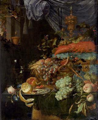 Still life with fruit and a goldfinch