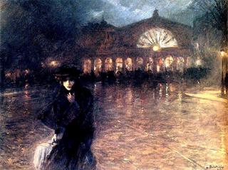 Woman on a Paris Street at Night