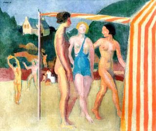 Beach Tent with Three Bathers in Front