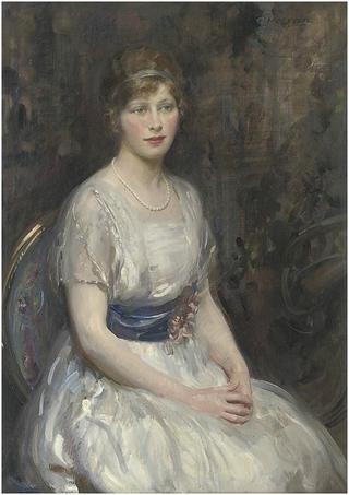 Portrait of a young lady in a white dress with blue sash
