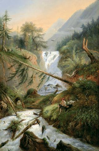 Shepherd Resting by the Waterfall