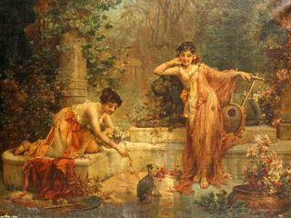 Oriental Beauties Playing with the Pet Bird
