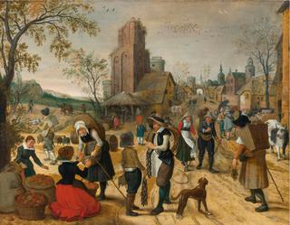 Autumn. Market Scene in the Heart of a Village