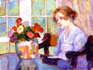 Woman with Zinnia Bouquet