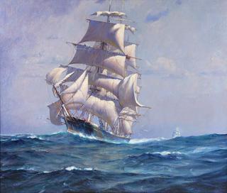 Racing Clipper Ship Adding Sail