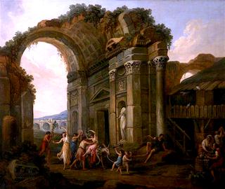 A Procession of Classical Figures with a Donkey and a Tambourine