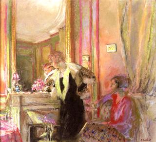 Gabrielle Jonas and Her Daughter Irene Montanet by the Fireplace
