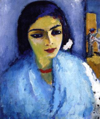 Woman in Blue with Red Necklace