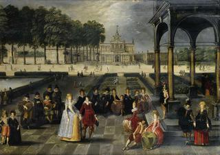 Elégants dans le parc d'un palais classique