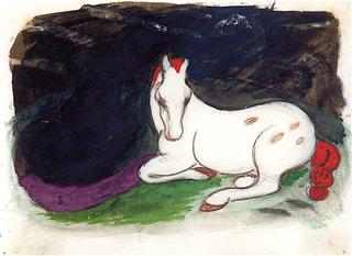 Reclining White Horse against a Black Background